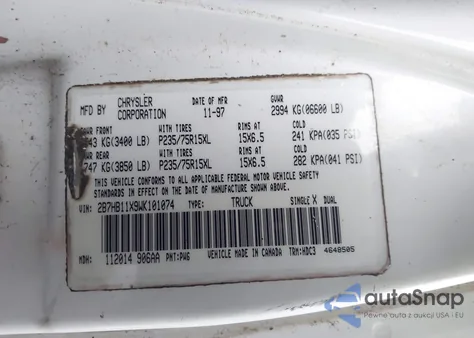 1998 Dodge Ram Van 1500 Commercial/Conversion from USA, damaged, VIN 2B7HB11X9WK101074